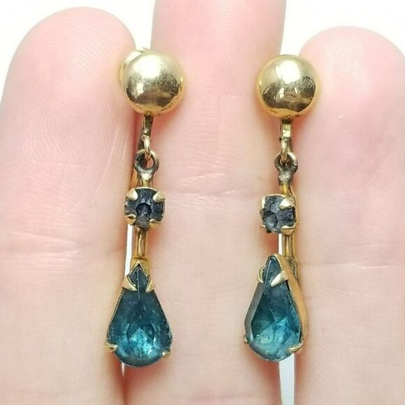 Vintage Yellow Gold Filled Blue Rhinestone Dangle Clip On Screw Back Earrings - Picture 1 of 6